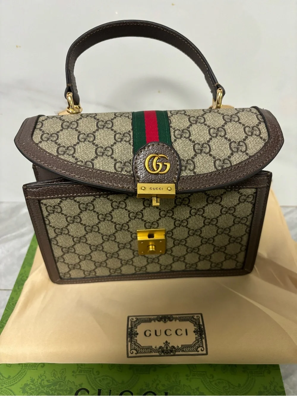 Beige GG Gucci Supreme Top Handle Satchel with Brown Trim and Green-Red Stripe